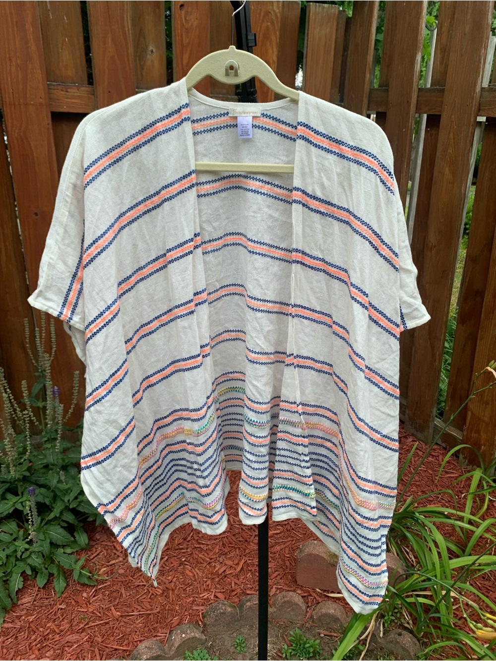 Collectioneighteen Lightweight Open Cover Up - White with Blue & Peach Stripes